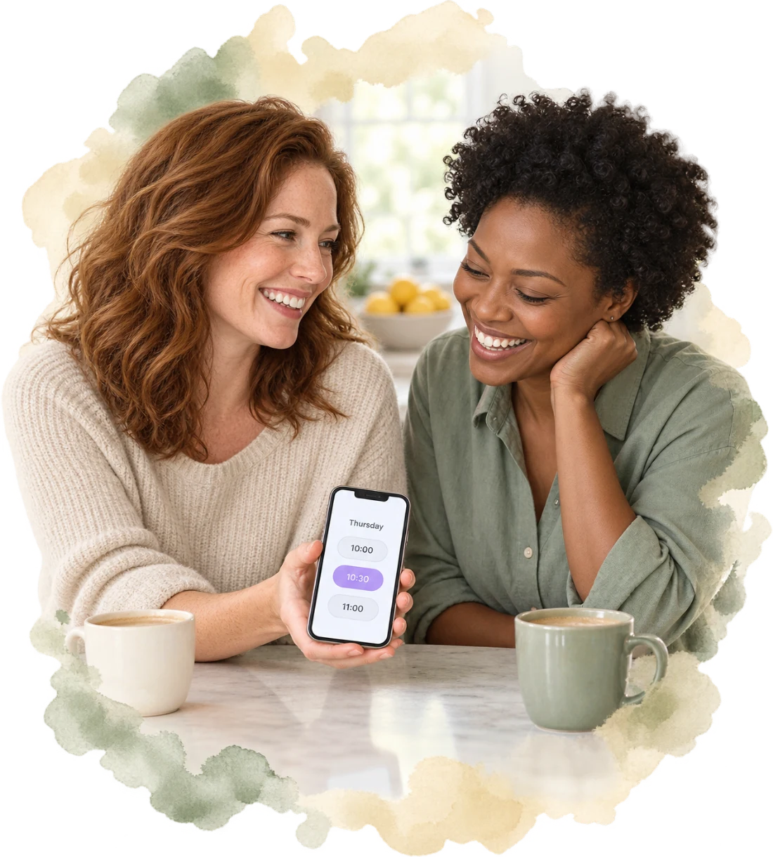 A client and her friend look at appointment options over coffee.